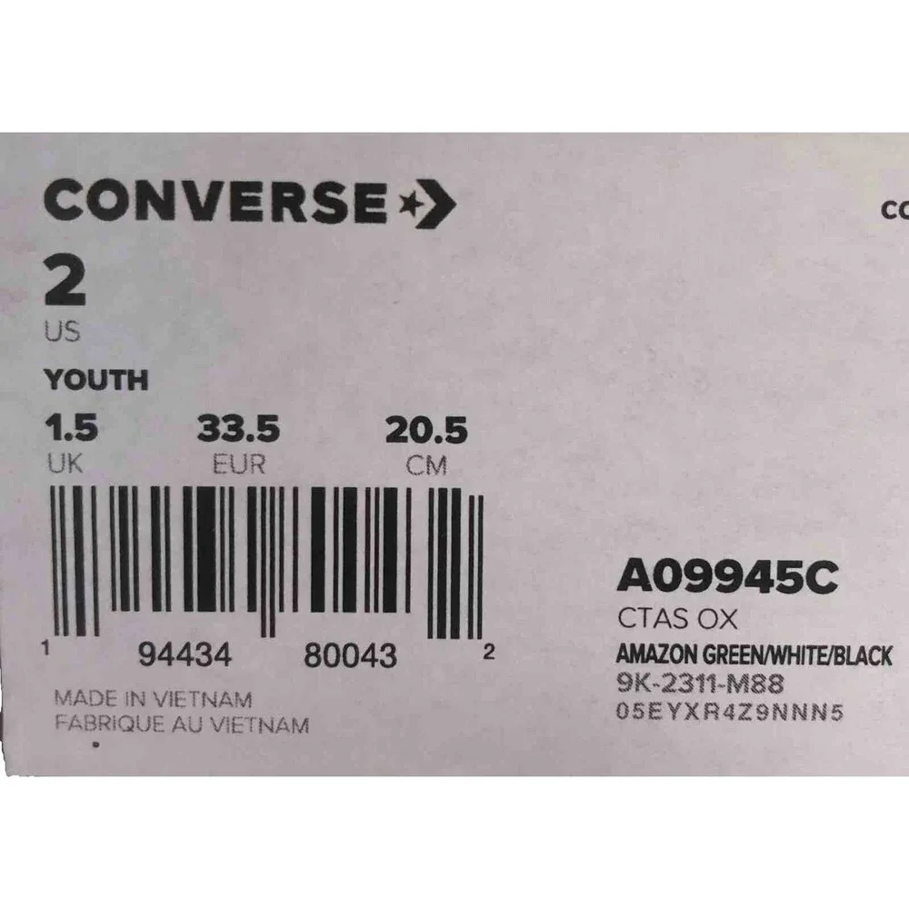 CONVERSE ALL STAR Amazon Green Canvas Low Top Sneakers Youth Size 2 - 20.5 CM
